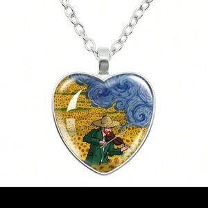 Heart-Shaped Van Gogh Violin Sunflowers Pendant Silvertone Necklace